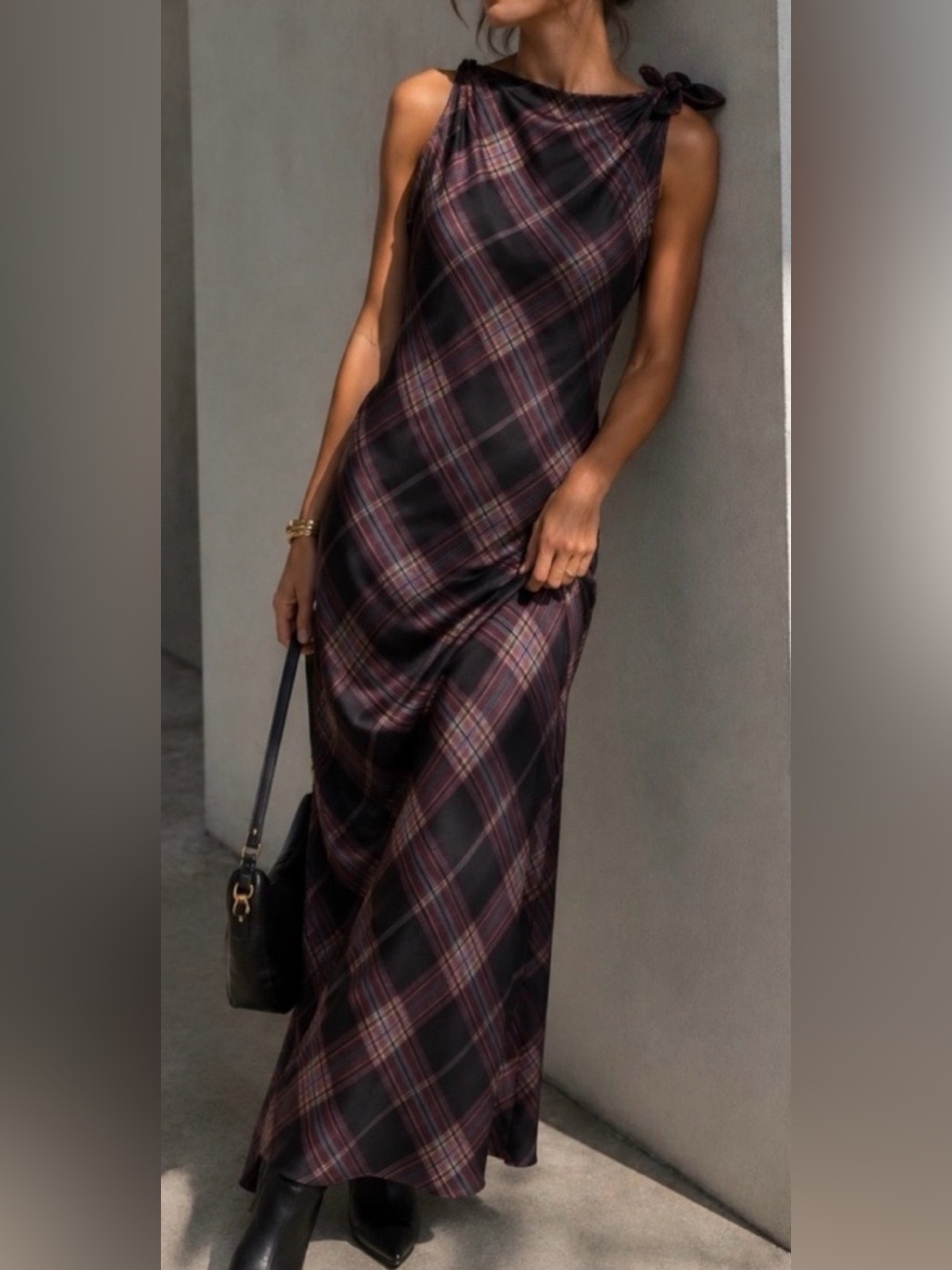 Camila Coelho BrownPlaid Maxi Dress with Knot Shoulders